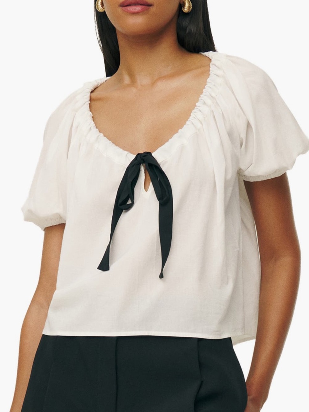 Reformation Tie Neck Puff Sleeve Cotton Top